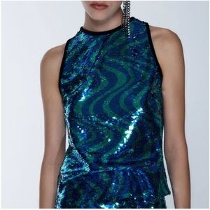 Zara Piped Blue/Green Sleeveless Sequin Top NWT